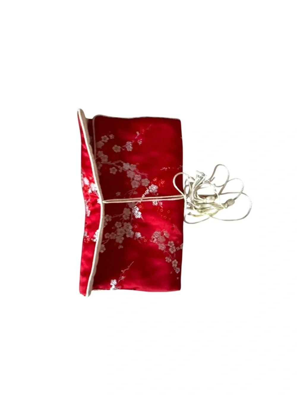 Vintage Red Silk Brocade Jewelry Roll Organizer Travel Case Floral
